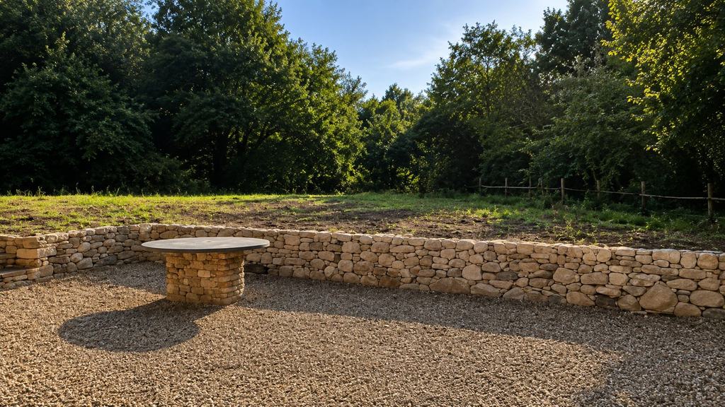 A dry stone retaining wall built without mortar, enclosing a gravel terrace.