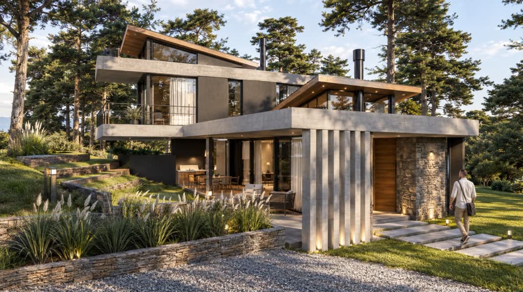 Render of a residence on a sloping site, entrance elevation: a cantilevered upper floor, a colonnade of concrete fins and a stone-clad entrance wall with a timber door, lit by low sun.
